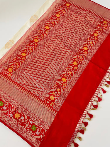 Banarasi Katan Silk Saree | Kadwa weave | Off White & Red | Gold and Silver Zari | Handwoven | Silk Mark Certified | Ships from California
